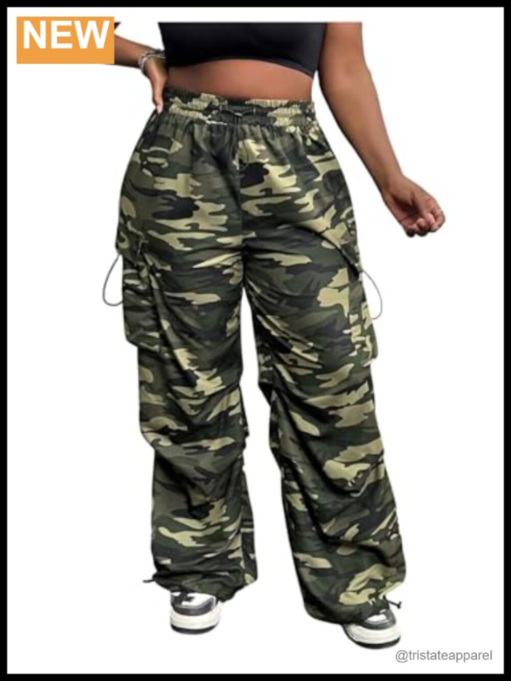 Plus Size Camo Cargo Pants Elastic Drawstring Wide Leg Trousers